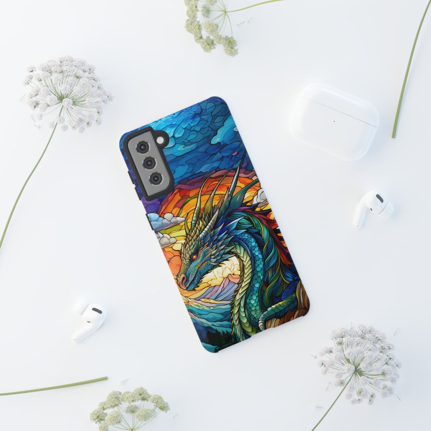 Stained Glass Design Dragon Case | Fantasy Art Samsung Galaxy S24 Ultra, S23, S22, S21, S20, S10 Plus | Unique Protective Phone Cover