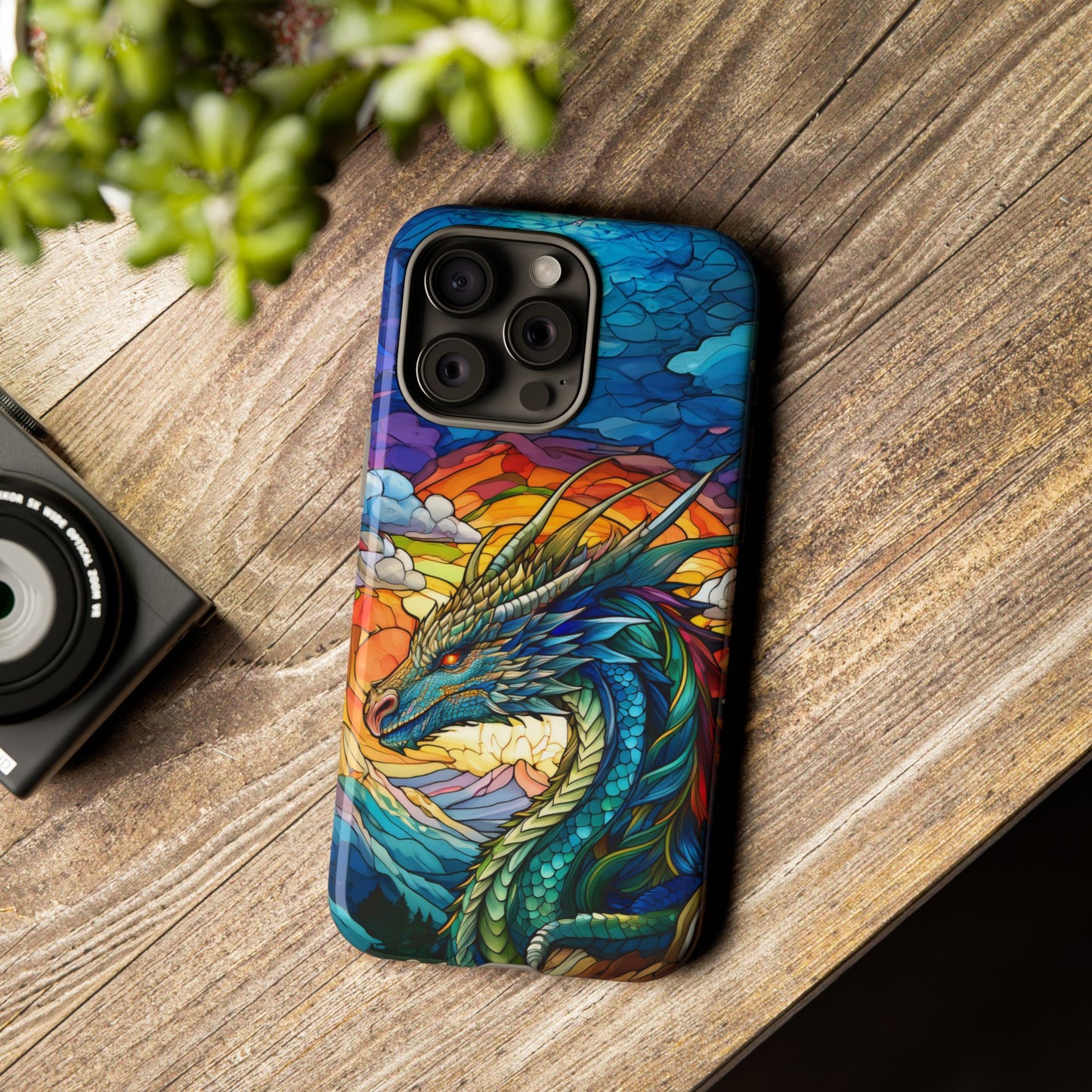 Stained Glass Design Dragon iPhone Case | Fits iPhone 8, X, XR, 11, 12, 13, 14, 15, 16 Pro, Plus, Max, Mini | Unique Fantasy Art Phone Cover