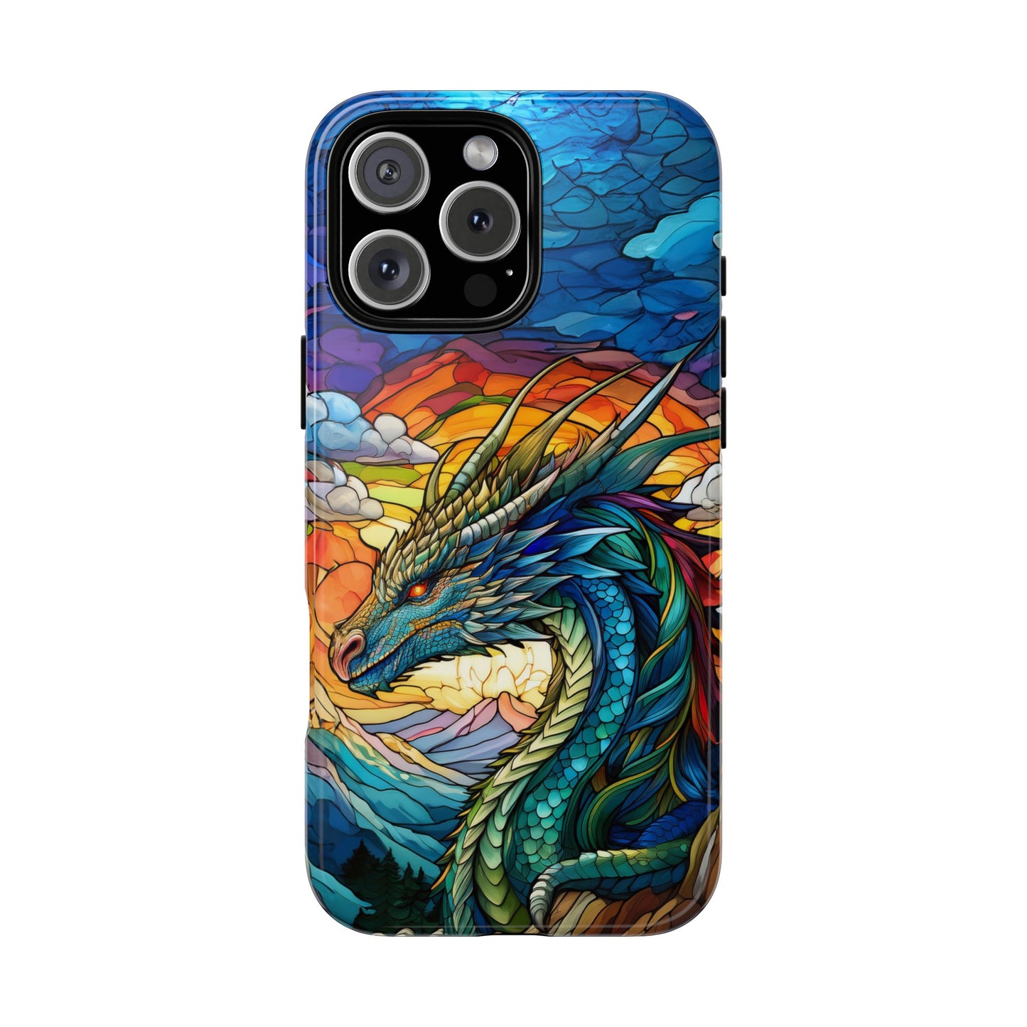 Stained Glass Design Dragon iPhone Case | Fits iPhone 8, X, XR, 11, 12, 13, 14, 15, 16 Pro, Plus, Max, Mini | Unique Fantasy Art Phone Cover