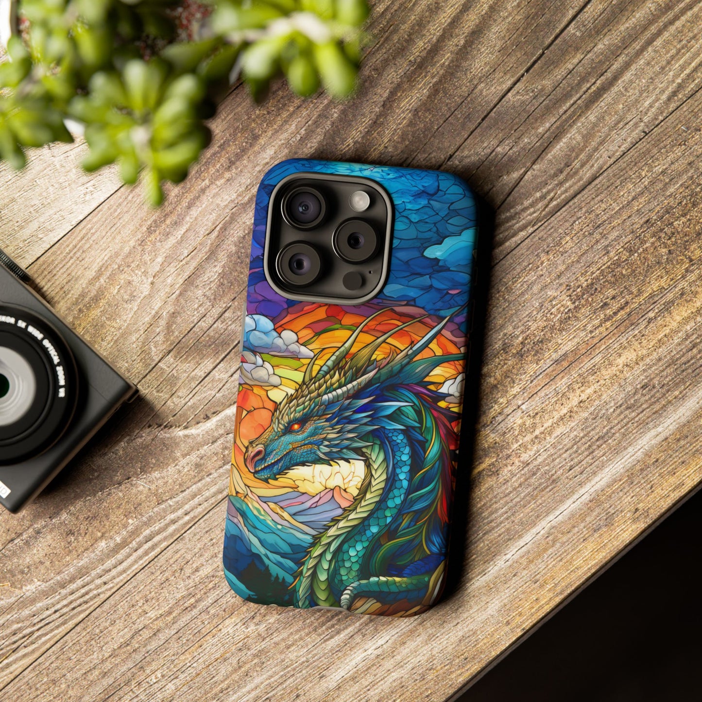 Stained Glass Design Dragon iPhone Case | Fits iPhone 8, X, XR, 11, 12, 13, 14, 15, 16 Pro, Plus, Max, Mini | Unique Fantasy Art Phone Cover