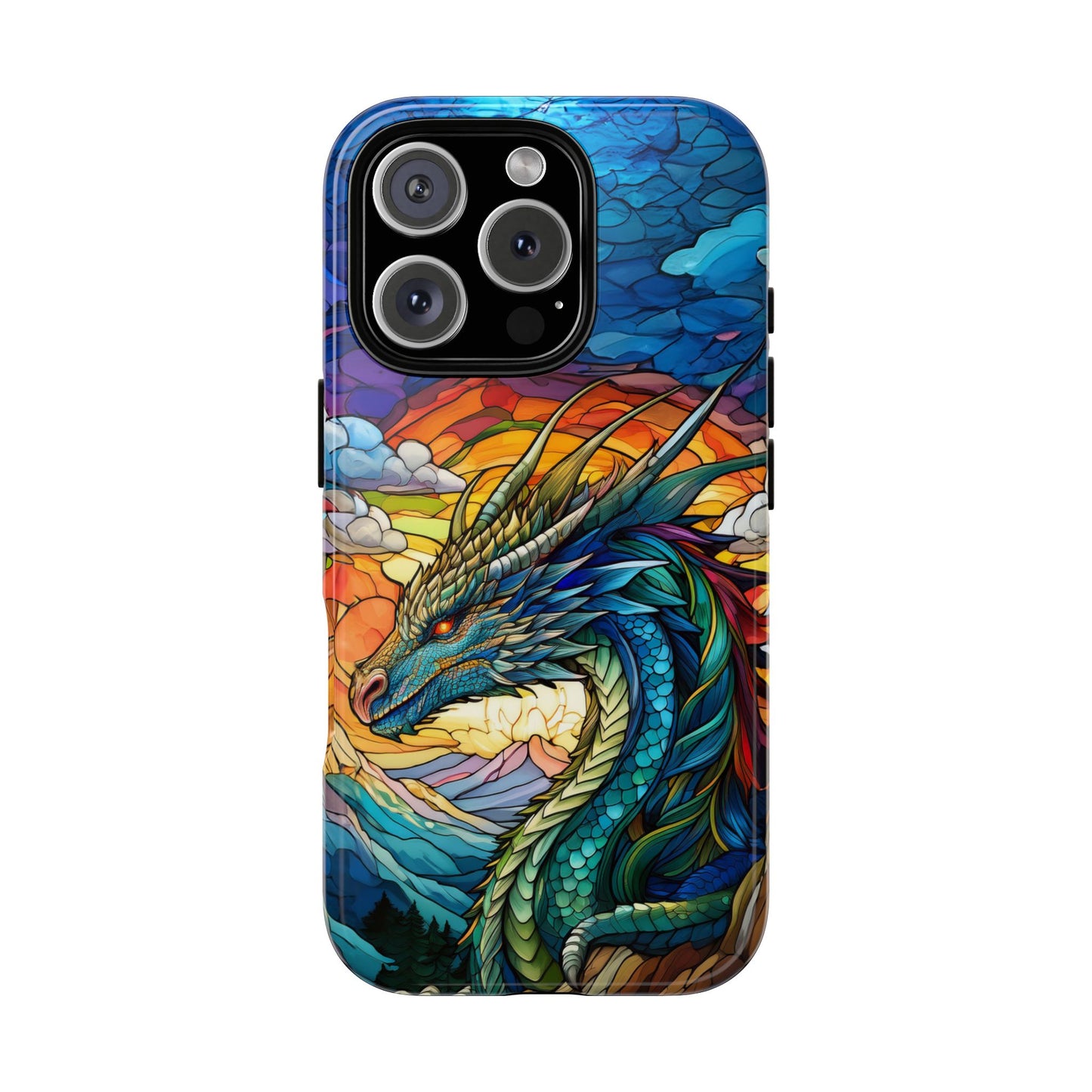 Stained Glass Design Dragon iPhone Case | Fits iPhone 8, X, XR, 11, 12, 13, 14, 15, 16 Pro, Plus, Max, Mini | Unique Fantasy Art Phone Cover