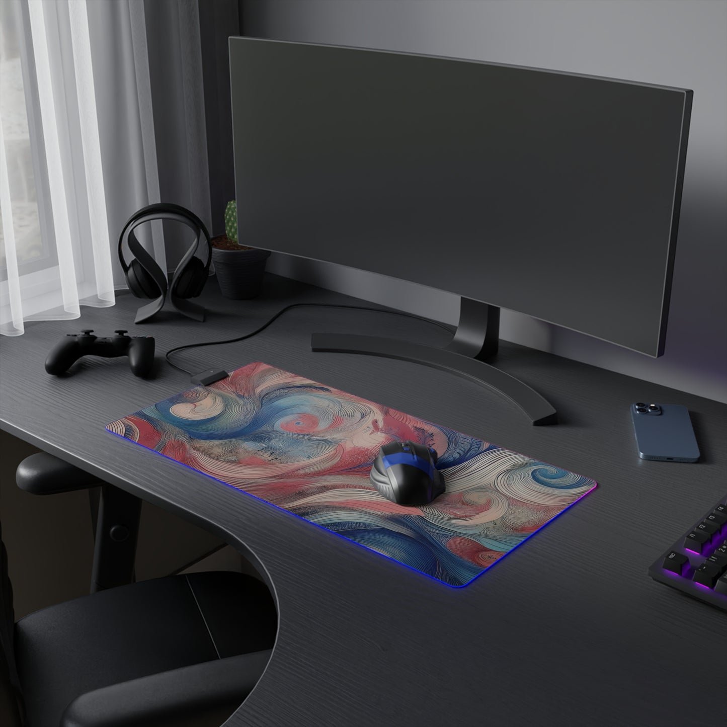 Gaming Mouse Pad, Pink Purple Blue Swirls with Brush Strokes Design