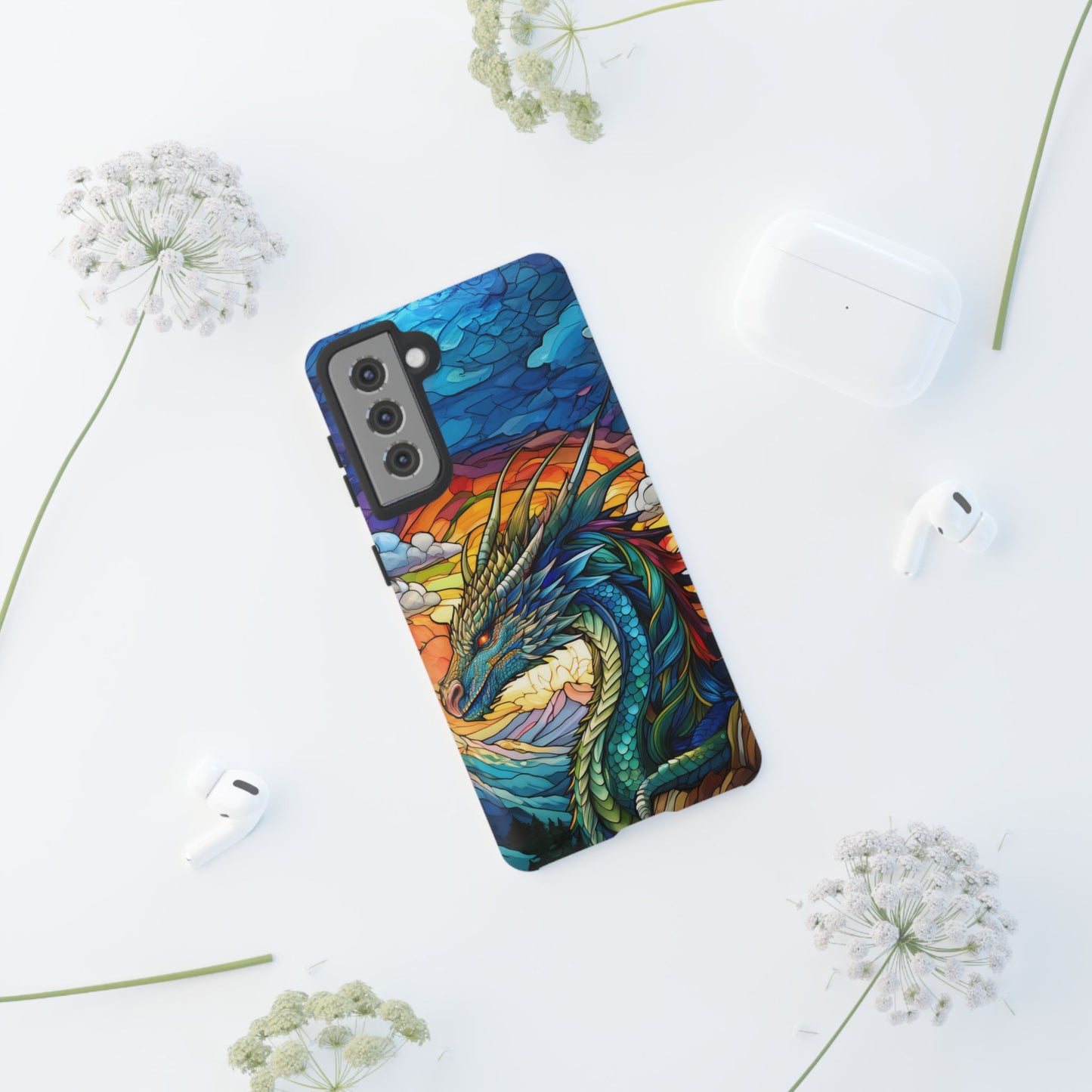 Stained Glass Design Dragon Case | Fantasy Art Samsung Galaxy S24 Ultra, S23, S22, S21, S20, S10 Plus | Unique Protective Phone Cover